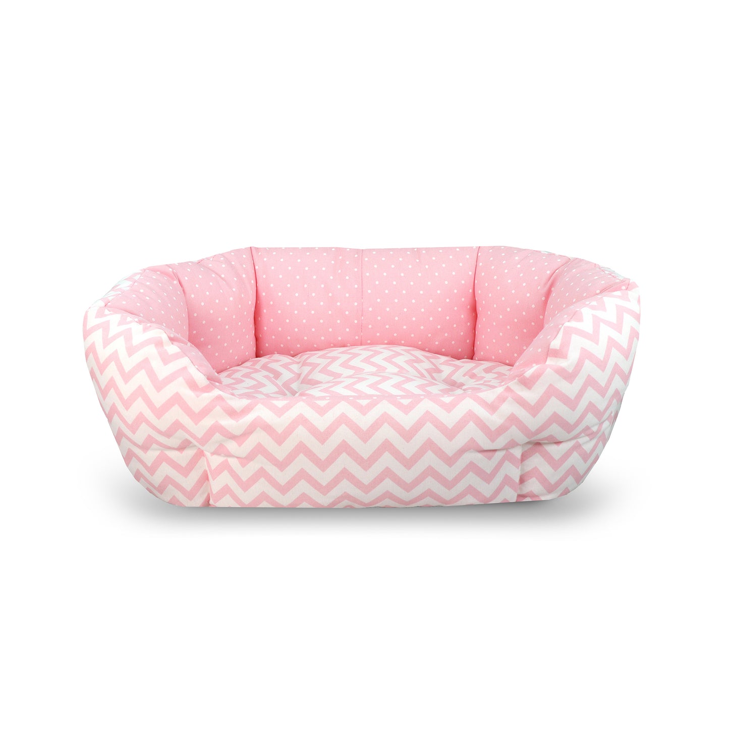 Cuccia per cani Prime Nanne, con sfondo a tinta unita e piccoli disegni bianchi di lune, stelle e pois color rosa.