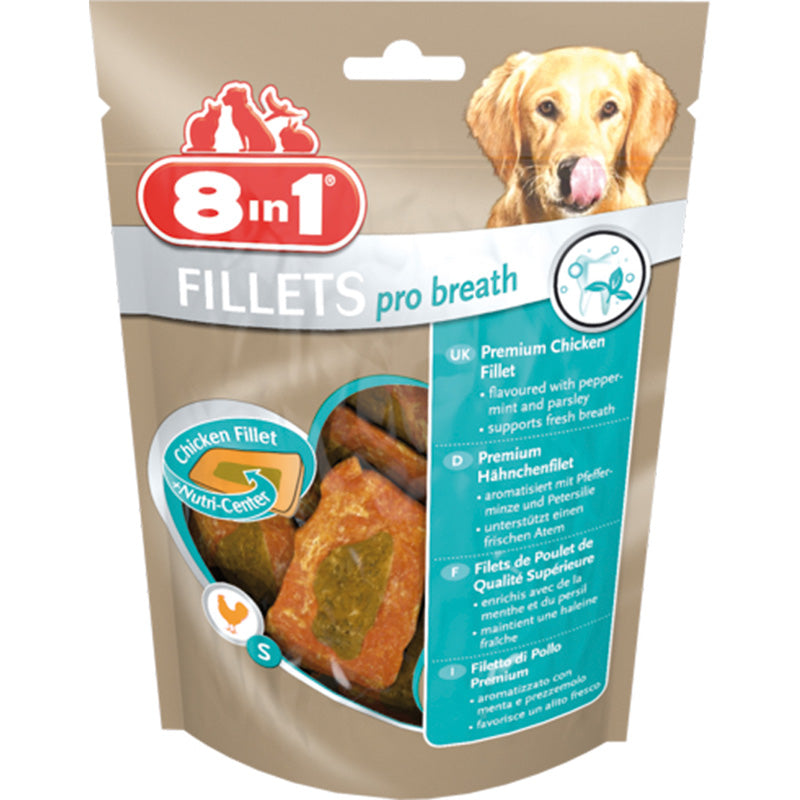 Snack premium a base di filetto di pollo saporito con menta e prezzemolo per favorire l'alito fresco