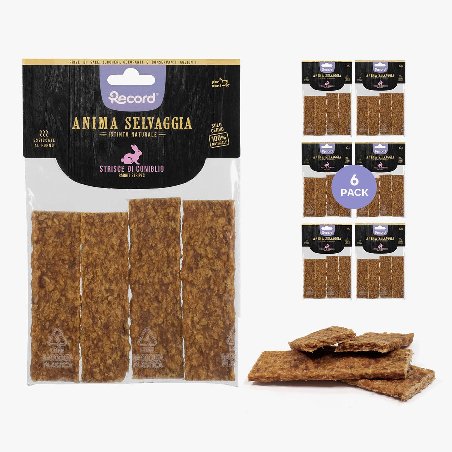 Snack da masticare per cani 100% carne naturale ottenuta con un processo di lenta essiccazione al forno, senza l’aggiunta di additivi, sale e zucchero