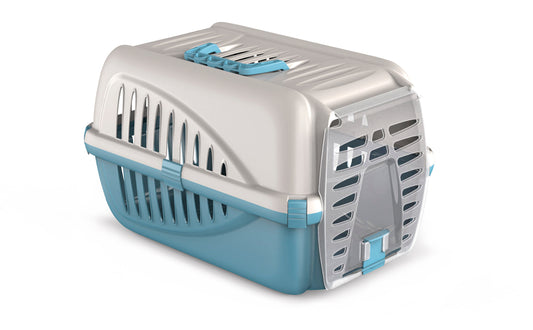 Trasportino per cani e gatti realizzato in plastica dura color azzurro