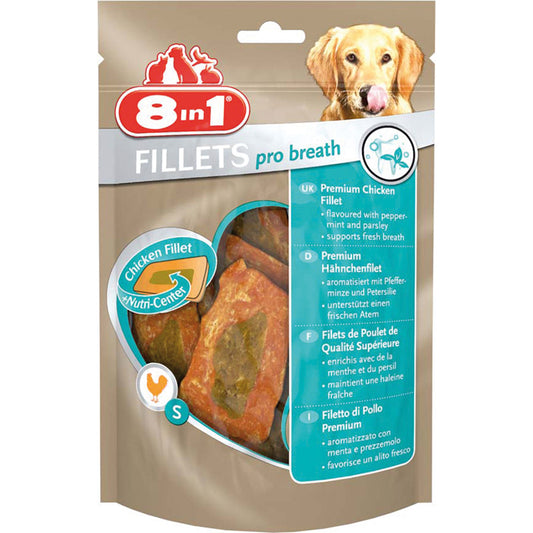 Snack premium a base di filetto di pollo saporito con menta e prezzemolo per favorire l'alito fresco