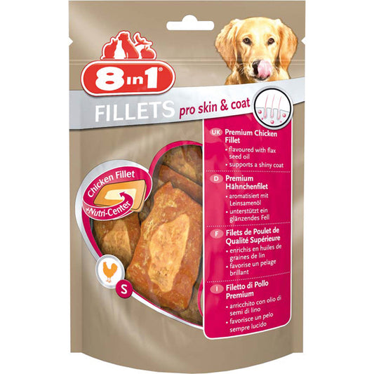 Snack premium a base di filetto di pollo saporito ottimo per il pelo