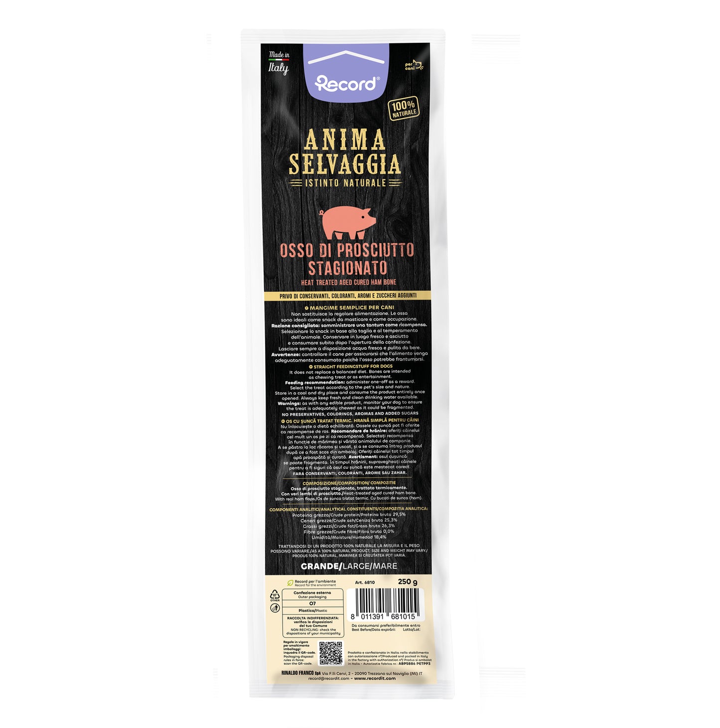 Osso grande di prosciutto crudo stagionato da masticare per cani. 