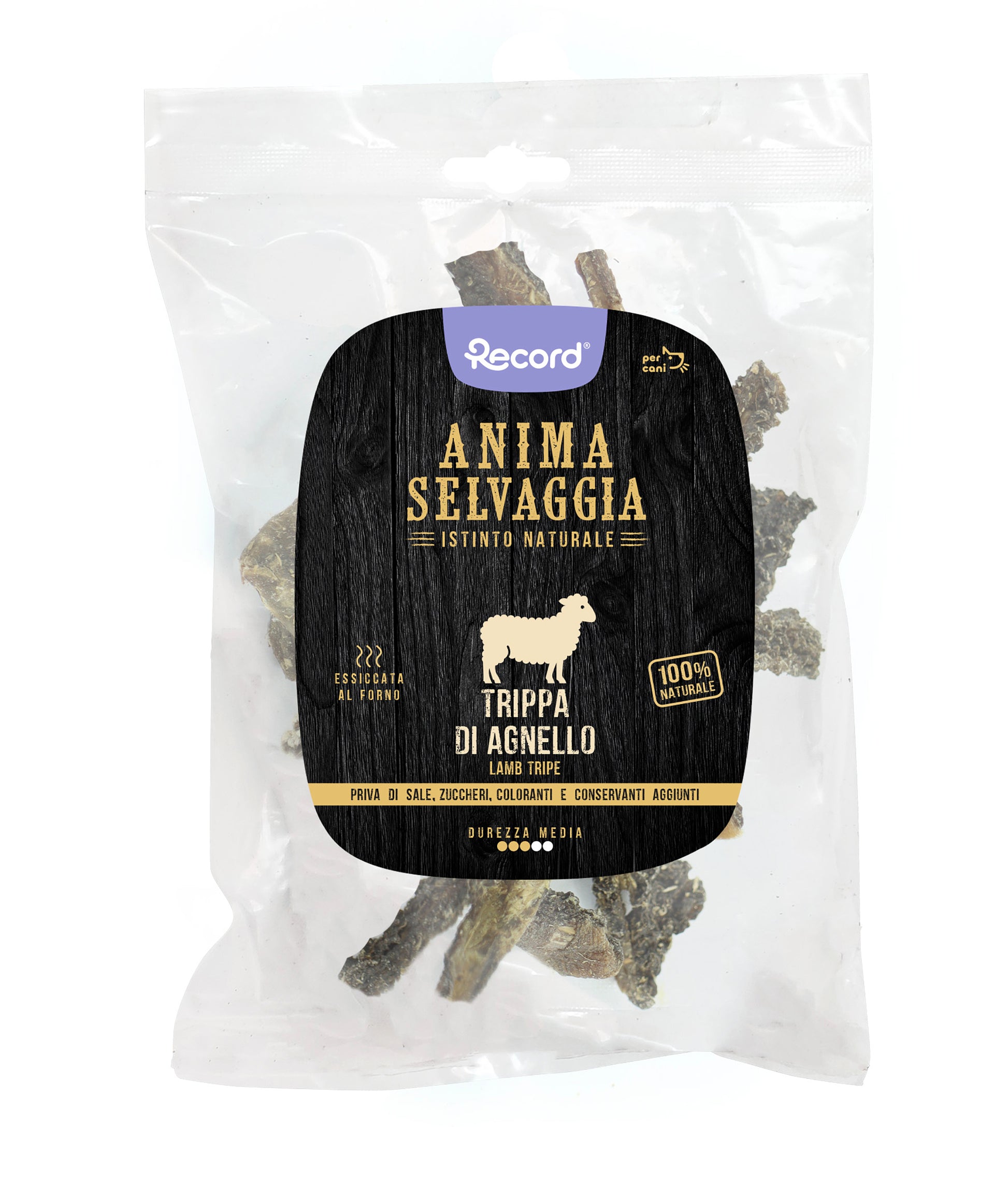 Snack da masticare per cani Anima Selvaggia, 100% carne naturale ottenuta con un processo di lenta essiccazione al forno, senza l’aggiunta di additivi, sale e zucchero. Masticare contribuisce al benessere psicofisico del cane: appaga emotivamente, rafforza la muscolatura delle mascelle e contribuisce a mantenere i denti puliti, grazie all’azione meccanica. Questo snack, sano e prelibato, è adatto a cani di tutte le taglie.