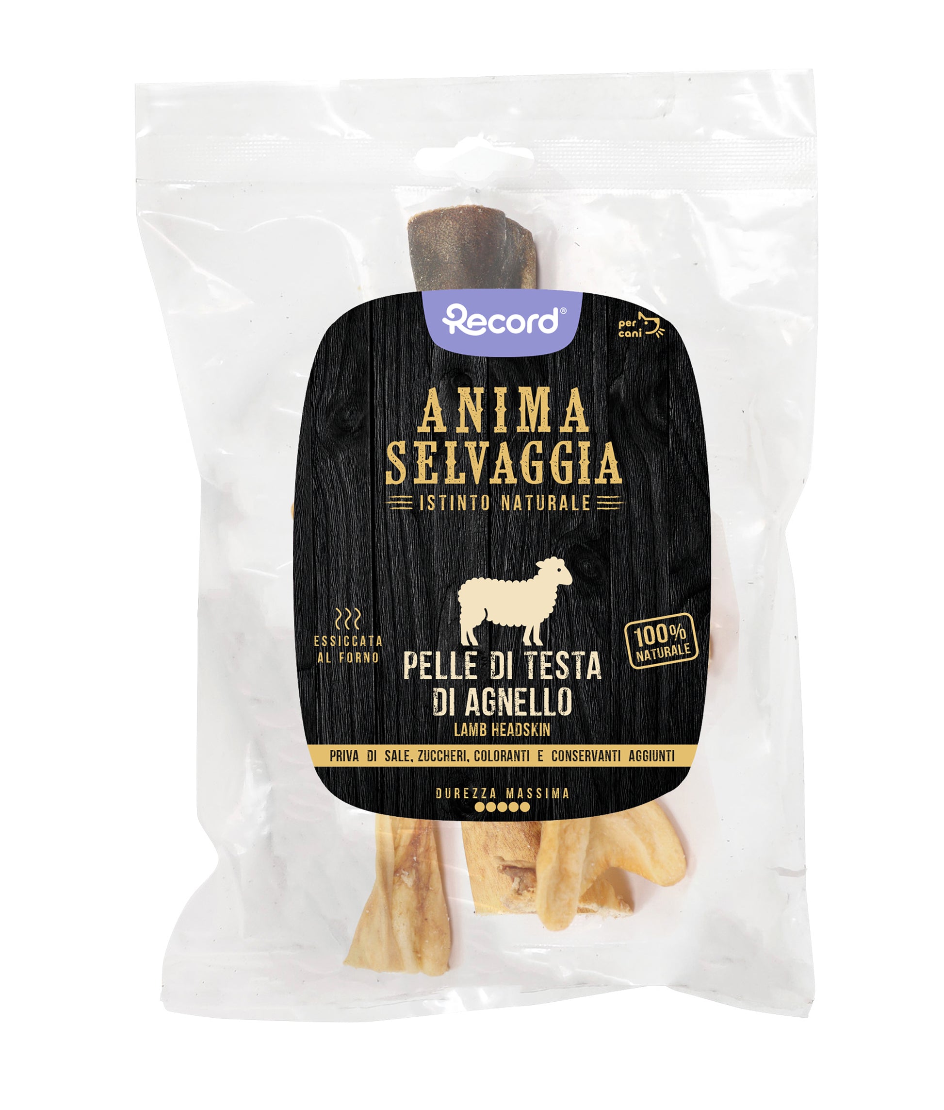 Snack da masticare per cani "Anima Selvaggia", 100% carne naturale ottenuta con un processo di lenta essiccazione al forno, senza l’aggiunta di additivi, sale e zucchero