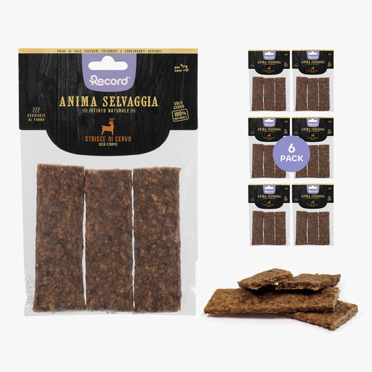 Snack da masticare per cani "Anima Selvaggia", 100% carne naturale ottenuta con un processo di lenta essiccazione al forno, senza l’aggiunta di additivi, sale e zucchero. Le strisce possono essere facilmente spezzate ed essere utilizzate come premio o bocconcino da training. Questo snack, sano e prelibato, è adatto a cani di tutte le taglie. Disponibile in diversi gusti