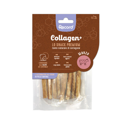 Alimento complementare Collagen+ è uno snack masticativo realizzato con gelatina di manzo, naturalmente ricca di collagene (50%), proteina altamente digeribile