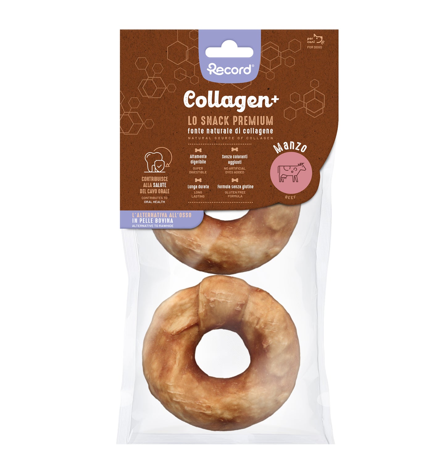Alimento complementare Collagen+ è uno snack masticativo realizzato con gelatina di Manzo, naturalmente ricca di collagene (50%), proteina altamente digeribile. Avvolto da un delizioso strato di carne, è un’ottima alternativa agli ossi in pelle di bufalo